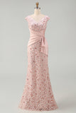 V-Neck Mermaid Ruched Long Sparkly Blush Beaded Mother of the Bride Dress