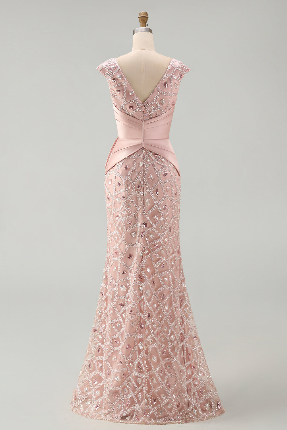 V-Neck Mermaid Ruched Long Sparkly Blush Beaded Mother of the Bride Dress