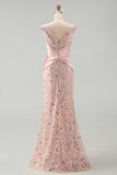 V-Neck Mermaid Ruched Long Sparkly Blush Beaded Mother of the Bride Dress