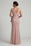V-Neck Mermaid Ruched Long Sparkly Blush Beaded Mother of the Bride Dress