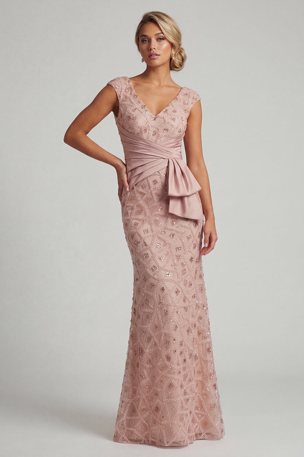 Sparkly Blush Long Beaded Mother of the Bride Dress V-Neck Ruched Mermaid Gala Dress