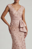 V-Neck Mermaid Ruched Long Sparkly Blush Beaded Mother of the Bride Dress