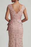 V-Neck Mermaid Ruched Long Sparkly Blush Beaded Mother of the Bride Dress