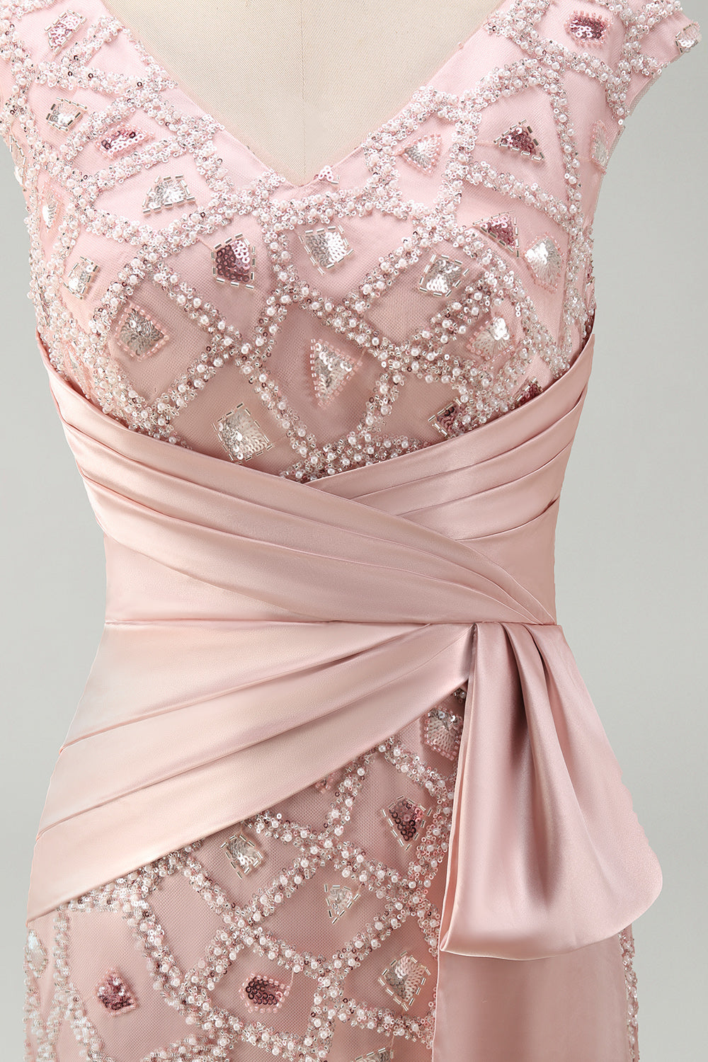 V-Neck Mermaid Ruched Long Sparkly Blush Beaded Mother of the Bride Dress