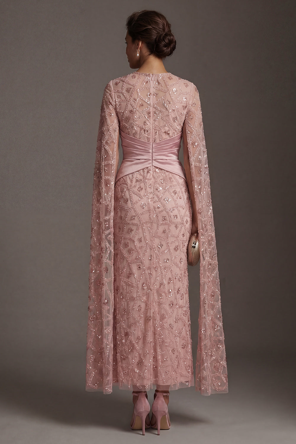 Mermaid Ruched Sparkly Blush Beaded Long Mother of the Bride Dress with Cape