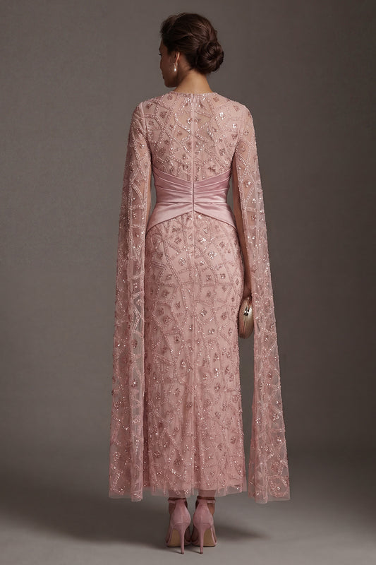 Mermaid Ruched Sparkly Blush Beaded Long Mother of the Bride Dress with Cape