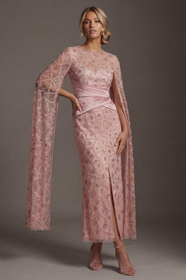 Mermaid Ruched Sparkly Blush Beaded Long Mother of the Bride Dress with Cape