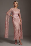 Mermaid Ruched Sparkly Blush Beaded Long Mother of the Bride Dress with Cape