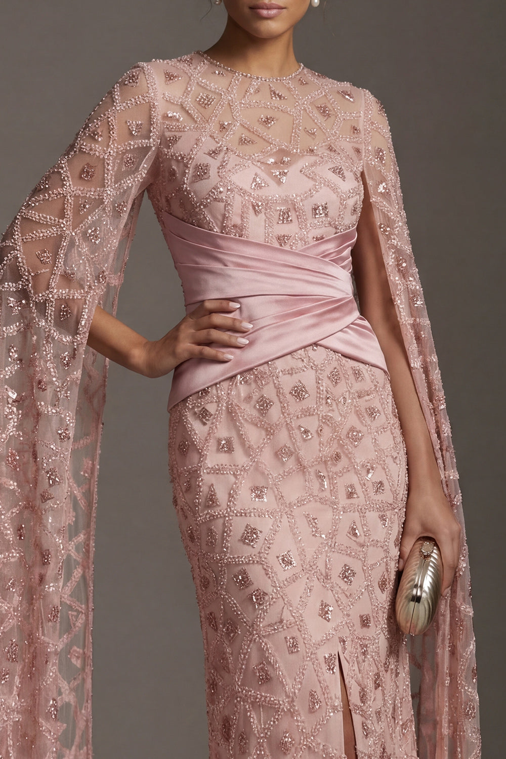 Mermaid Ruched Sparkly Blush Beaded Long Mother of the Bride Dress with Cape