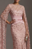 Mermaid Ruched Sparkly Blush Beaded Long Mother of the Bride Dress with Cape