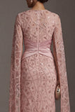 Mermaid Ruched Sparkly Blush Beaded Long Mother of the Bride Dress with Cape