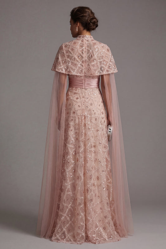 Strapless Long Sparkly Blush A Line Beaded Mother of the Bride Dress with Cape
