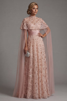 Sparkly Blush Long Beaded Mother of the Bride Dress with Cape Strapless A Line Gala Dress