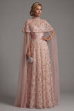 Sparkly Blush Long Beaded Mother of the Bride Dress with Cape Strapless A Line Gala Dress