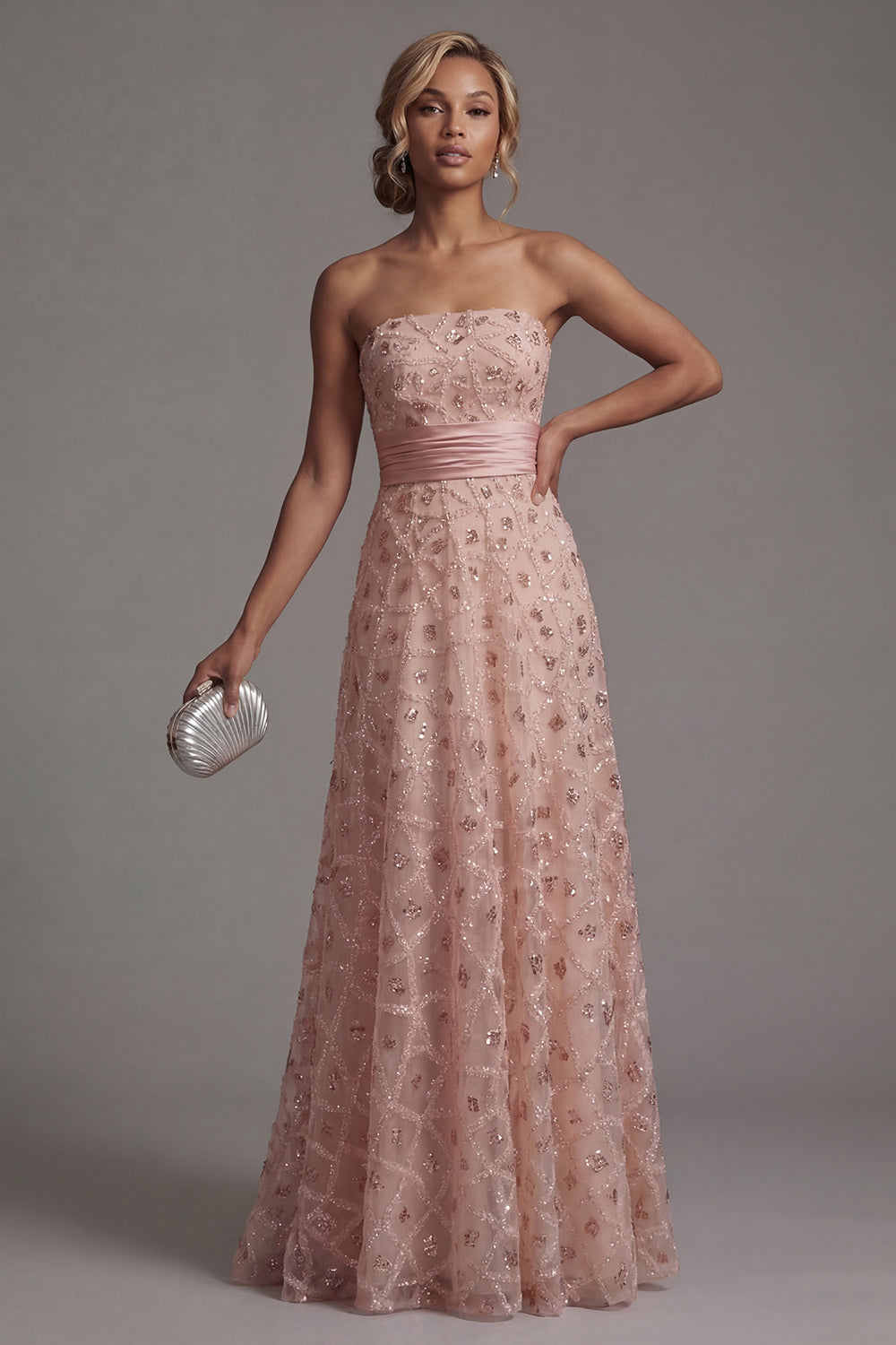 ZAPAKA Women Strapless Blush Mother Of Bride Dress with Detachable Tulle Cape Beaded A Line Evening Dress, Blush / US4
