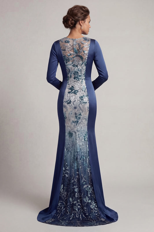 Mermaid Sparkly Navy Beaded Long Round Neck Mother of the Bride Dress