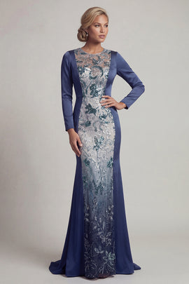 Mermaid Sparkly Navy Beaded Long Round Neck Mother of the Bride Dress