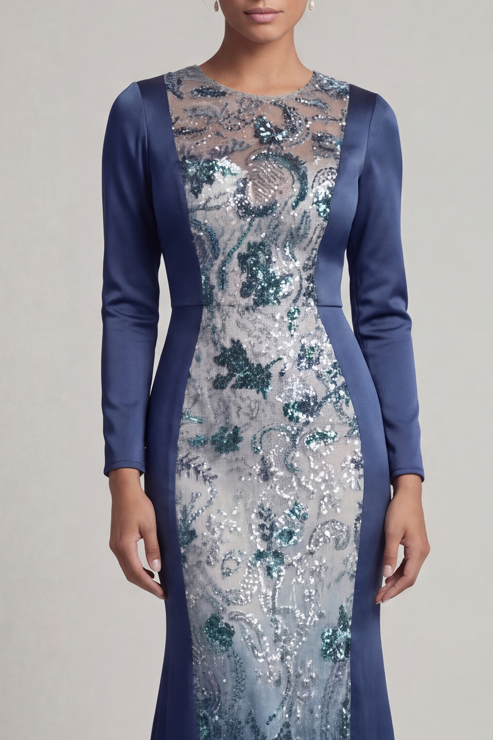 Mermaid Sparkly Navy Beaded Long Round Neck Mother of the Bride Dress