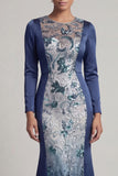 Mermaid Sparkly Navy Beaded Long Round Neck Mother of the Bride Dress