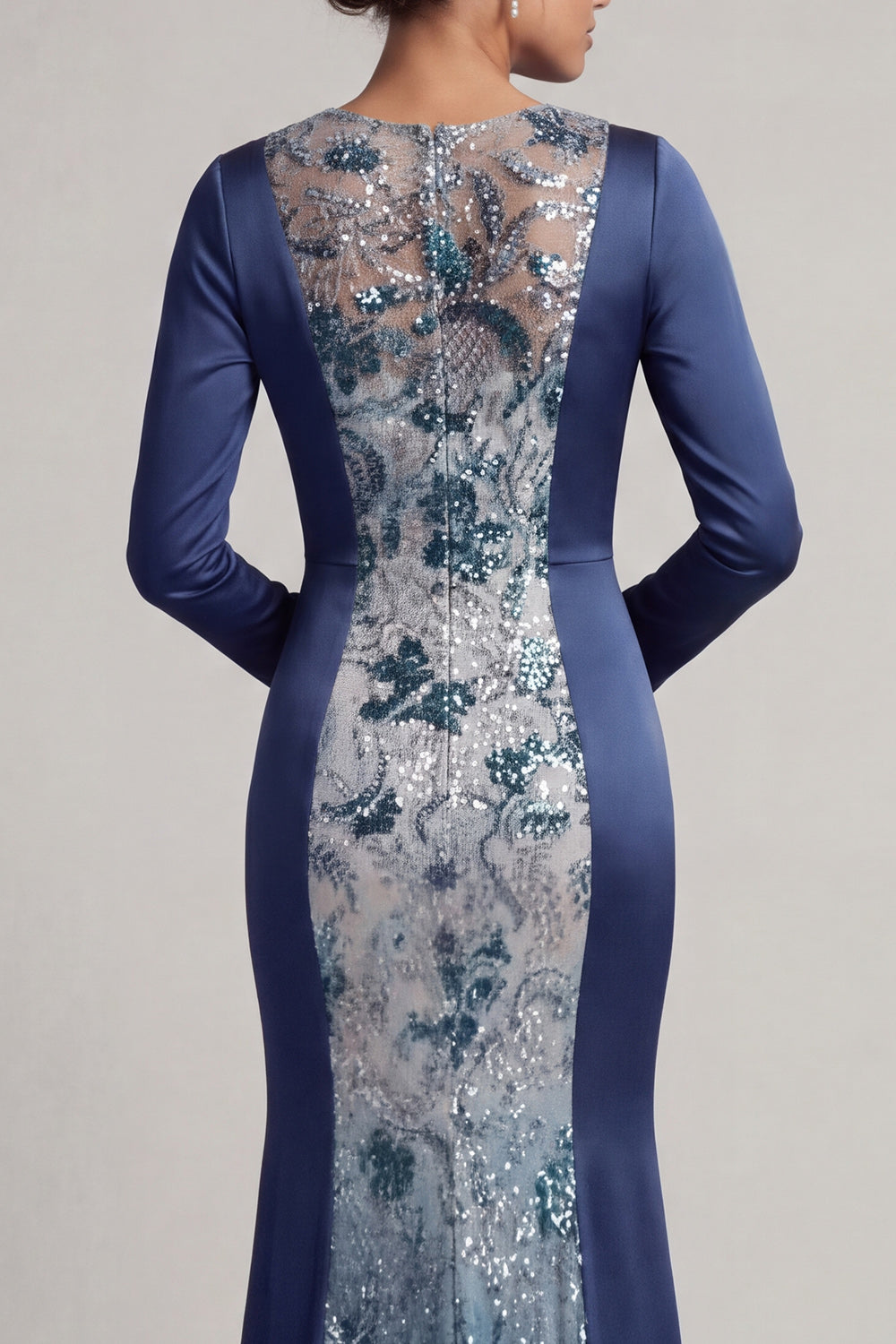 Mermaid Sparkly Navy Beaded Long Round Neck Mother of the Bride Dress