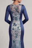 Mermaid Sparkly Navy Beaded Long Round Neck Mother of the Bride Dress