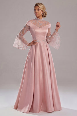 Long A Line Pink Flare Sleeves Mother of the Bride Dress