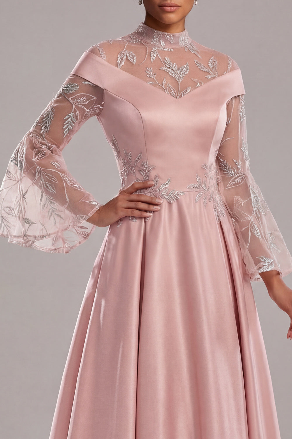 Long A Line Pink Flare Sleeves Mother of the Bride Dress