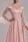 Long A Line Pink Flare Sleeves Mother of the Bride Dress