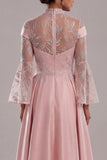 Long A Line Pink Flare Sleeves Mother of the Bride Dress
