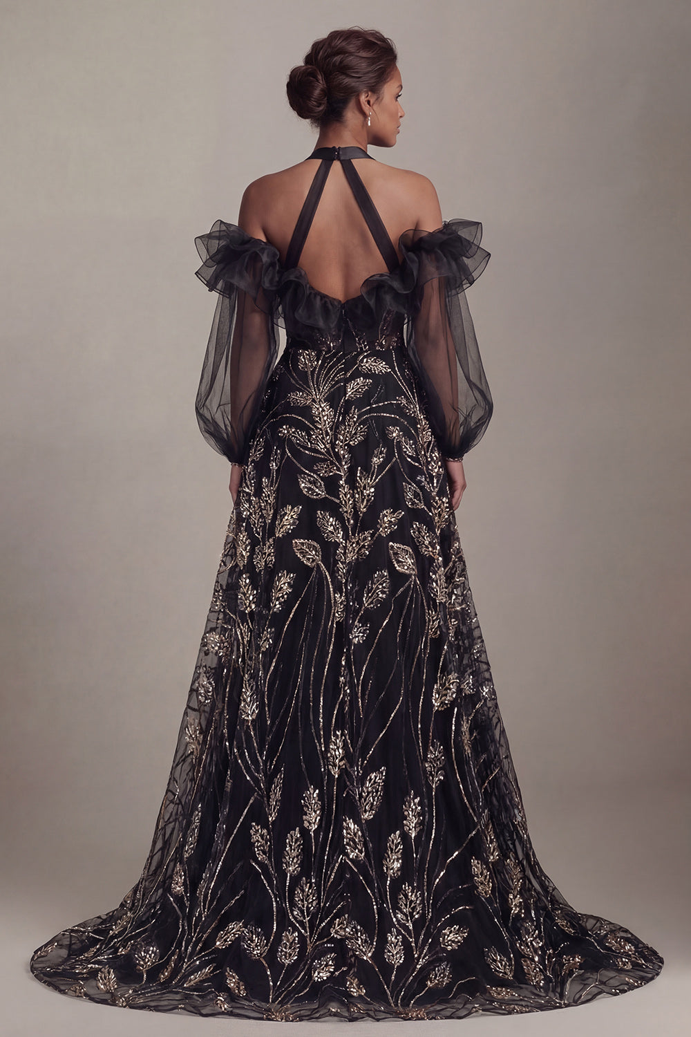Ruffled Long Halter A Line Sparkly Black Beaded Mother of the Bride Dress with Slit