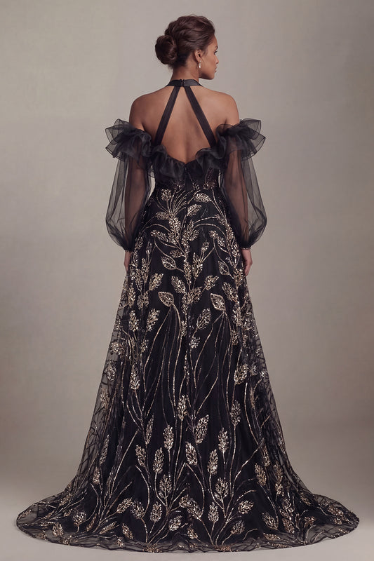 Ruffled Long Halter A Line Sparkly Black Beaded Mother of the Bride Dress with Slit