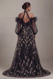 Ruffled Long Halter A Line Sparkly Black Beaded Mother of the Bride Dress with Slit