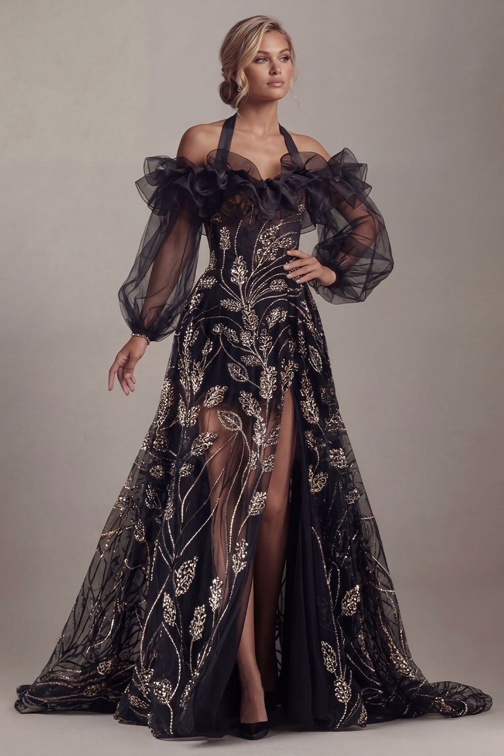 Ruffled Long Halter A Line Sparkly Black Beaded Mother of the Bride Dress with Slit