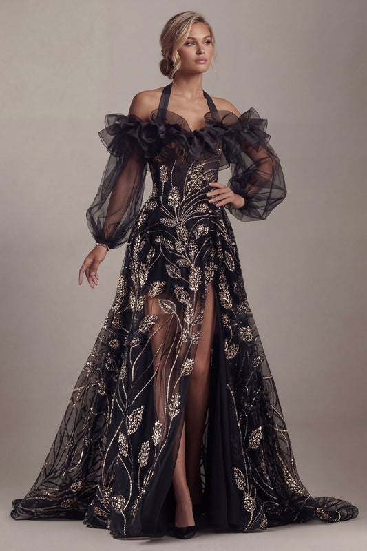 Ruffled Long Halter A Line Sparkly Black Beaded Mother of the Bride Dress with Slit