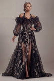 Ruffled Long Halter A Line Sparkly Black Beaded Mother of the Bride Dress with Slit