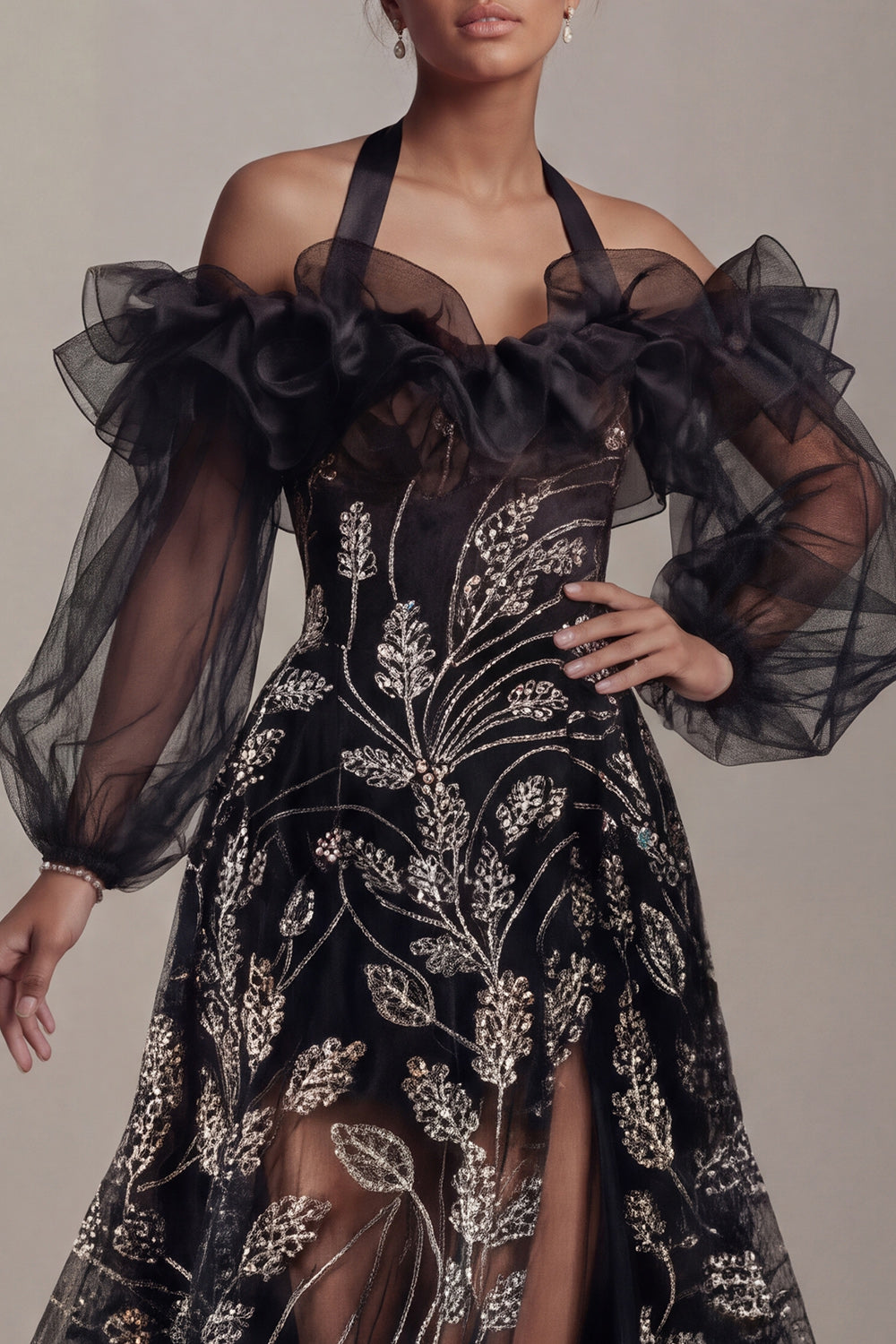 Ruffled Long Halter A Line Sparkly Black Beaded Mother of the Bride Dress with Slit