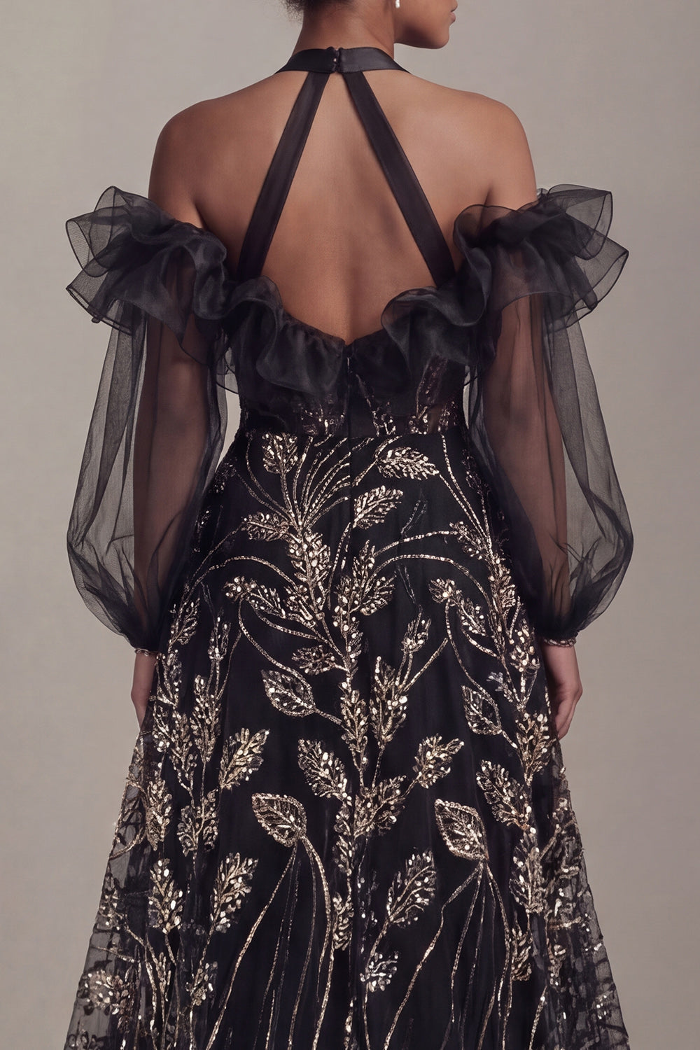 Ruffled Long Halter A Line Sparkly Black Beaded Mother of the Bride Dress with Slit