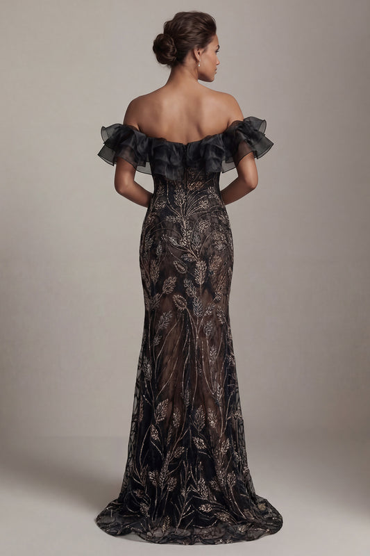Mermaid Long Sparkly Black Beaded Mother of the Bride Dress with Ruffles