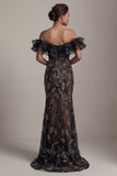 Mermaid Long Sparkly Black Beaded Mother of the Bride Dress with Ruffles
