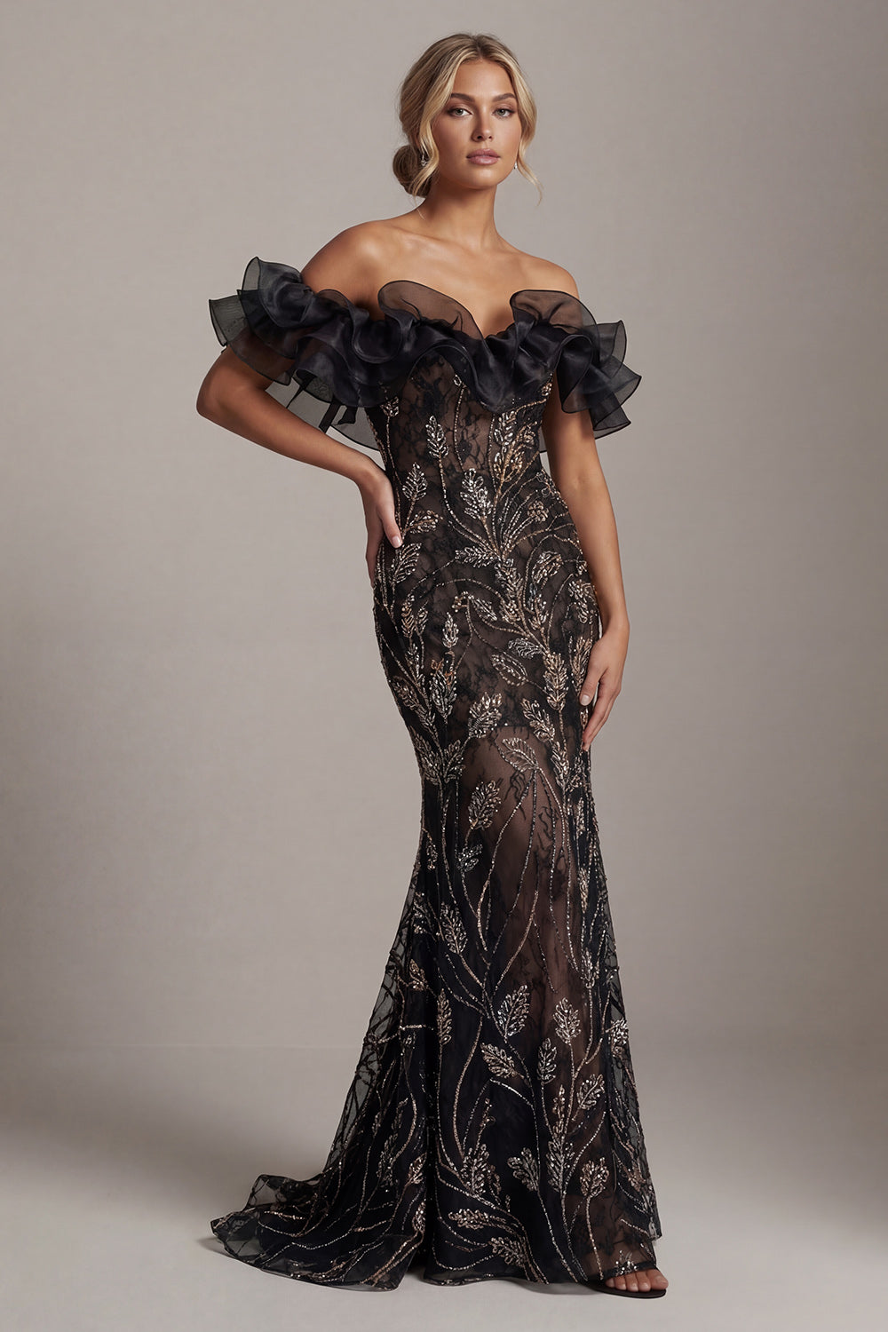 Mermaid Long Sparkly Black Beaded Mother of the Bride Dress with Ruffles