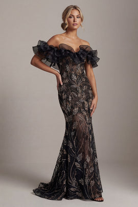 Mermaid Long Sparkly Black Beaded Mother of the Bride Dress with Ruffles