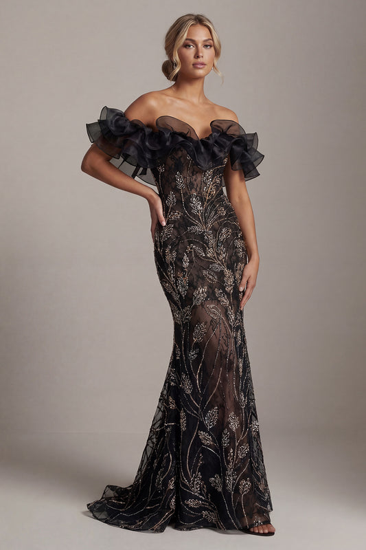 Mermaid Long Sparkly Black Beaded Mother of the Bride Dress with Ruffles