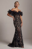 Mermaid Long Sparkly Black Beaded Mother of the Bride Dress with Ruffles