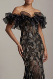 Mermaid Long Sparkly Black Beaded Mother of the Bride Dress with Ruffles