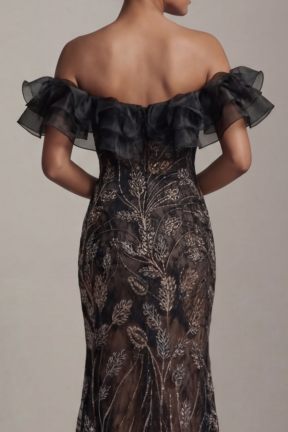 Mermaid Long Sparkly Black Beaded Mother of the Bride Dress with Ruffles