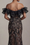 Mermaid Long Sparkly Black Beaded Mother of the Bride Dress with Ruffles