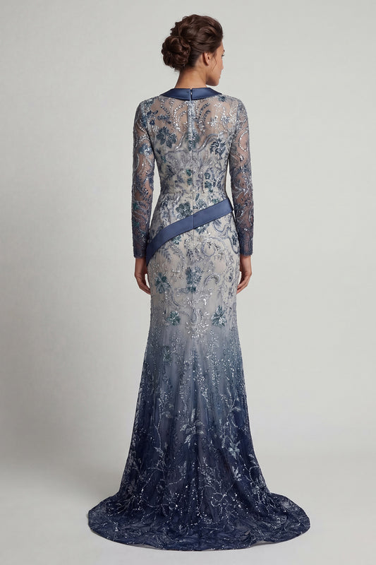 Floral V Neck Mermaid Sparkly Navy Long Beaded Mother of the Bride Dress