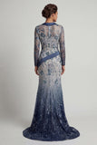 Floral V Neck Mermaid Sparkly Navy Long Beaded Mother of the Bride Dress