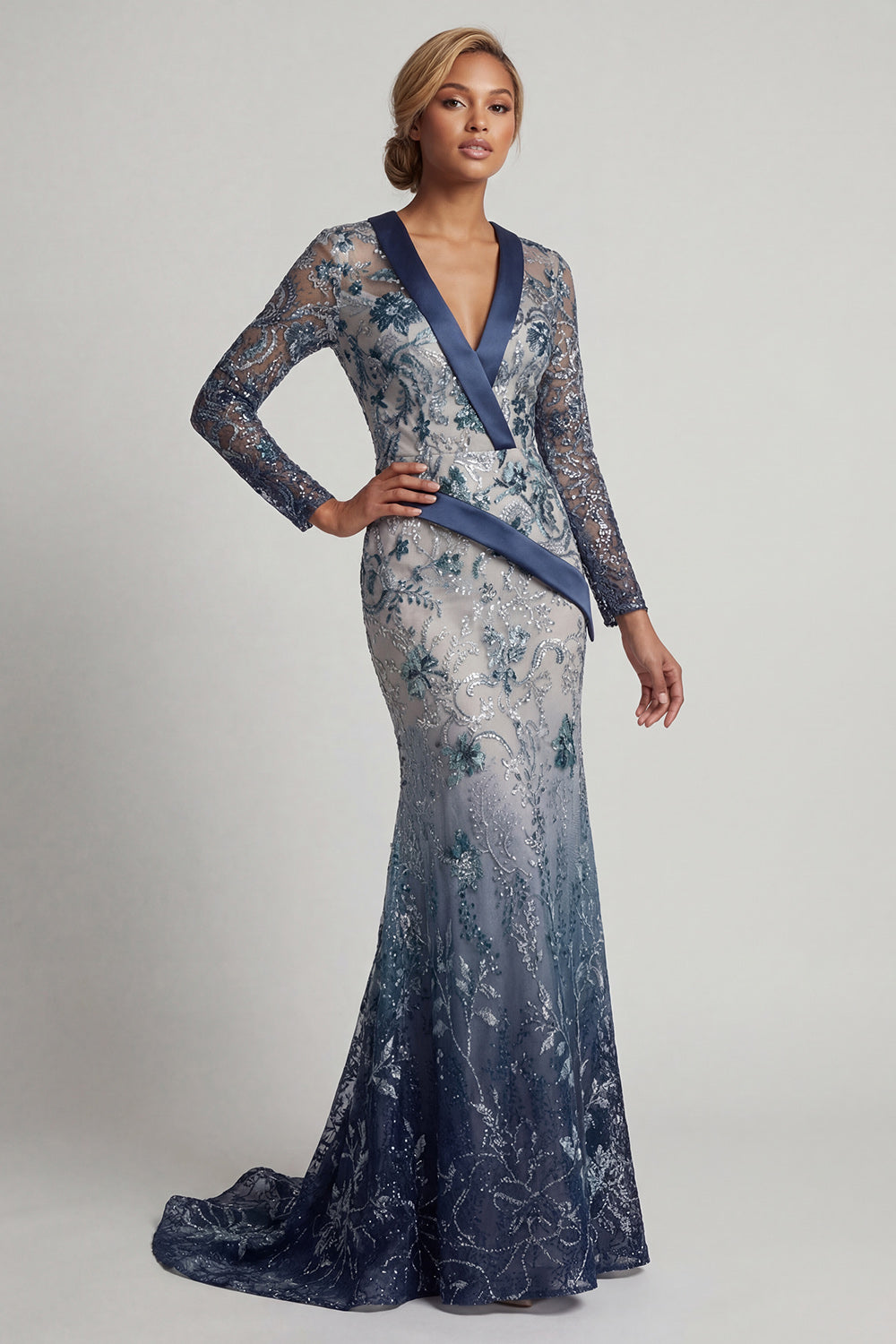 Floral V Neck Mermaid Sparkly Navy Long Beaded Mother of the Bride Dress