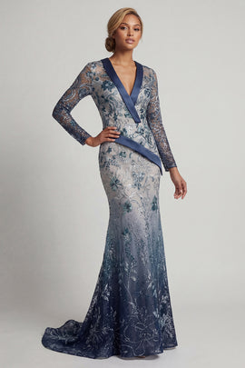Floral V Neck Mermaid Sparkly Navy Long Beaded Mother of the Bride Dress